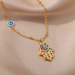 18k Gold Stainless Steel Hamsa Hand & Evil Eye Necklace w/ Crystals 16” Chain