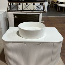 30" Floating Bathroom Vanity with Sink, Solid Wood Fluted Cabinet, White Round Ceramic Basin & Faux Marble Top, Soft-Close Drawer(White)  💰299$   