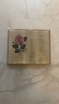 Vintage Religious Ceramic Open Bible Lords Prayer With Rose Flower Motif 4"