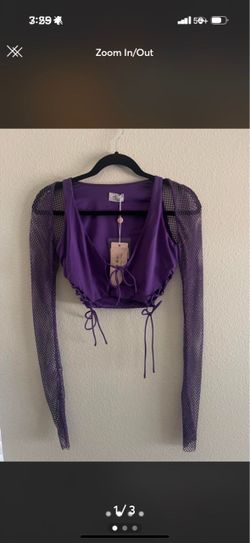 Oh Polly Purple Mesh Rhinestone Long Sleeve Crop Top and skirt Set