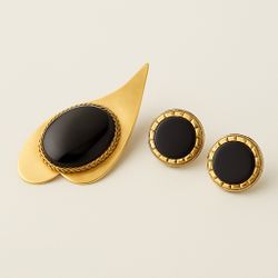 Vintage 1960s Sculptural Black Gold Brooch And Earrings Set
