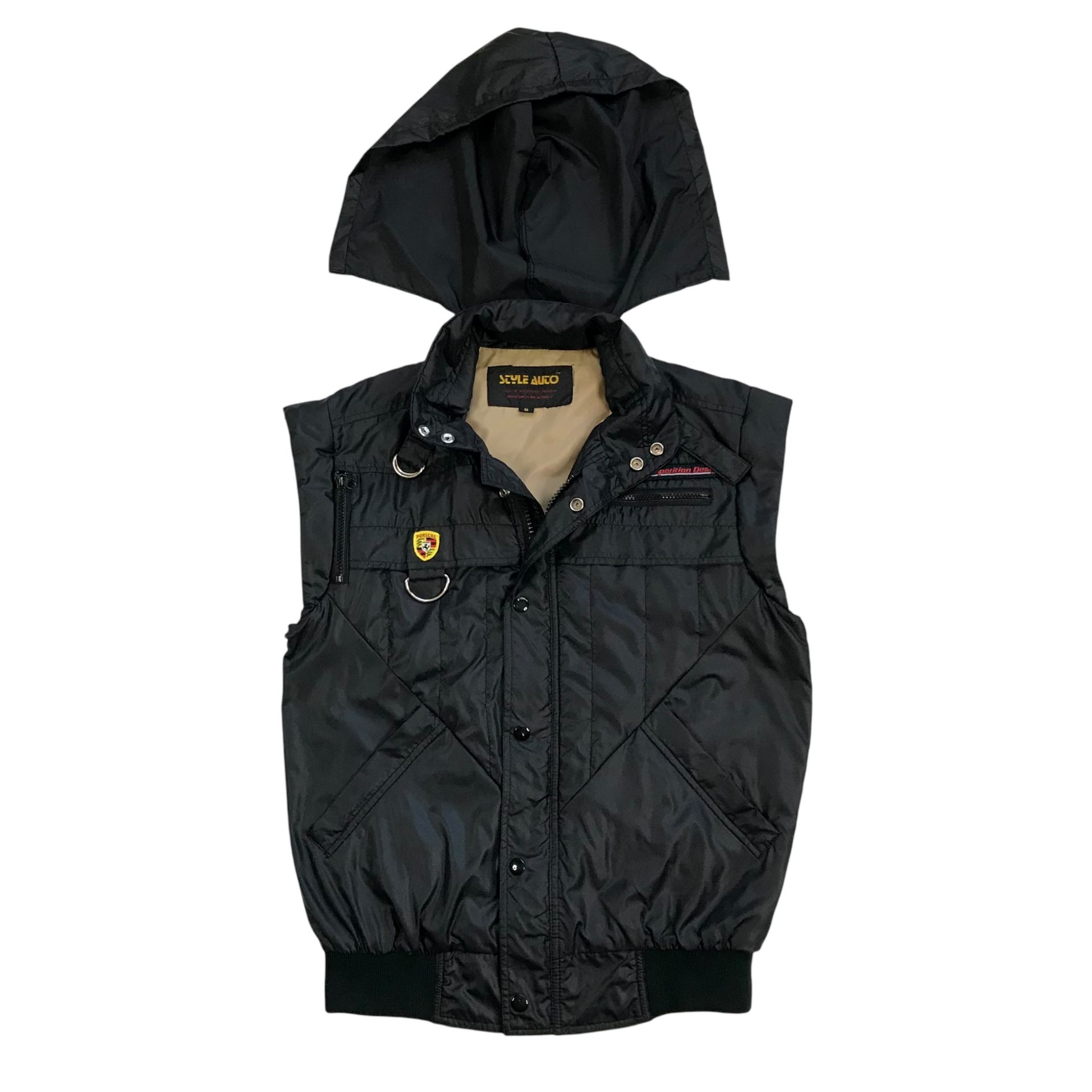 VINTAGE AUTO STYLE VEST SMALL S MENS BLACK PORSCHE RACING COMPETITION JACKET 80s