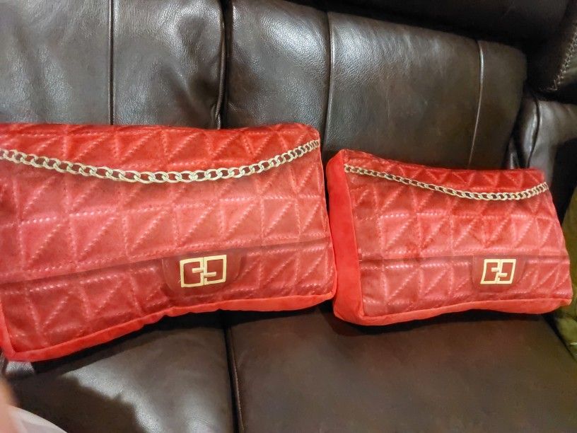 Pillows Decoration In Red Or Greeen Shape Of A Purse