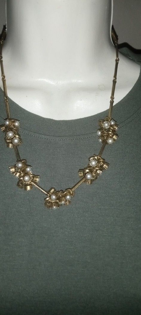 Loft Costume Brass Faux Pearl Charm Cluster Necklace