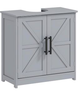Newly assembled Pedestal Sink Storage Cabinet, 2 Barn Doors, Dark Gray Farmhouse Freestanding Bathro