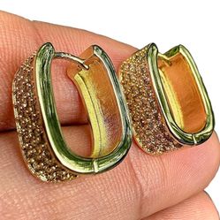 Gold Huggie Earrings with Clear Stones, Rectangular Pave Hoops, Sterling Silver Post, Gift for Her