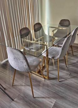Big Glass Dining Table and 6 Gray Dining Chairs