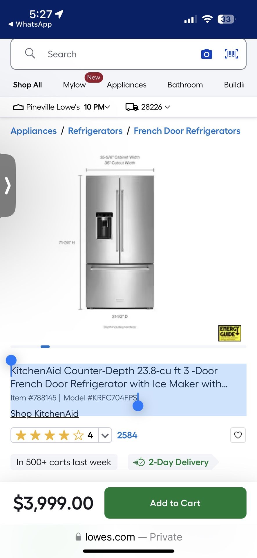 KitchenAid Counter-Depth 23.8-cu ft 3 -Door French Door Refrigerator with Ice Maker with water and Ice dispenser ( Stainless Steel with PRINTSHIELD Fi