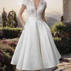 Appliqué Lace Satin Ankle-Length Little White Dress 