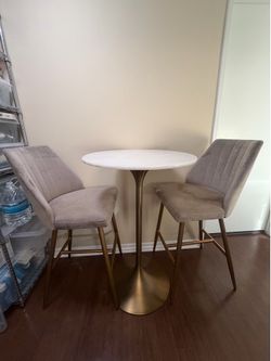 World Market White Marble Top and Gold w/2 Bar Stool Chairs