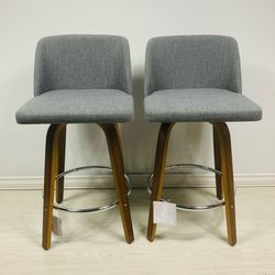 Toriano Grey Fabric Counter Stools with Walnut Wood & Chrome Footrest (Set of 2)
