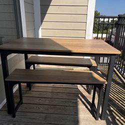 3-Piece Wood & Metal Dining Set – Table + 2 Benches (Sturdy & Space-Saving!)