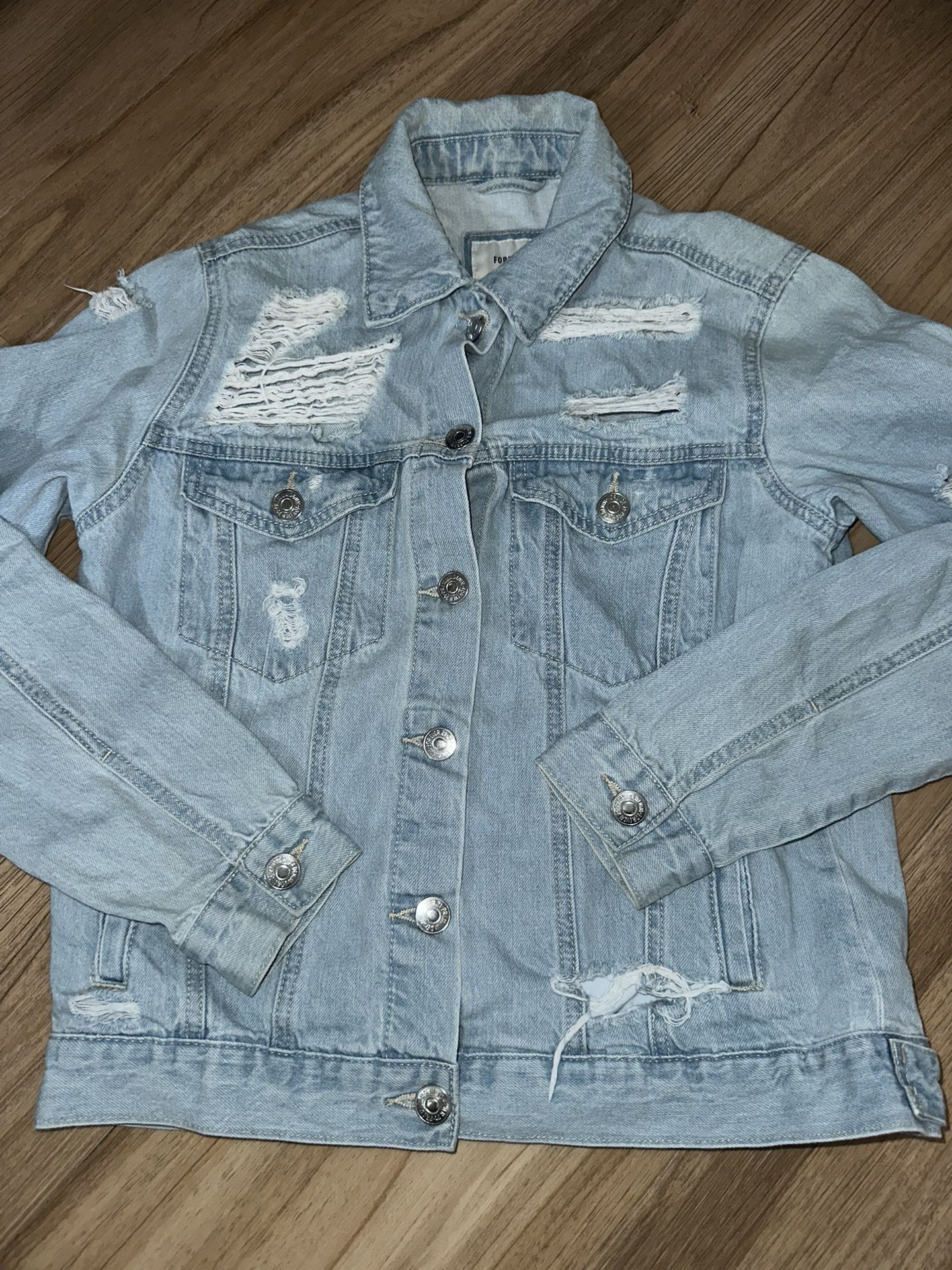 Forever 21 Light Blue Distressed Denim Jean Jacket