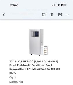 TCL 8,500 BTU (5,100 SACC) Smart Portable Air Conditioner H5P44W