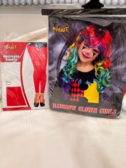 New Spirit Halloween Rainbow Clown Curls Wig And Red Footless Tights Bundle