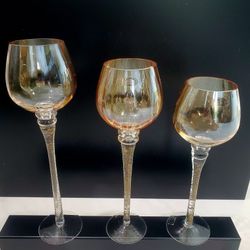 Normandy Set Of 3 Crackle Amber Glass Votives Candle Goblets. Crackle Glass Clear Stemmed Candle Holders, Great for Christmas & New Year Celebrations.