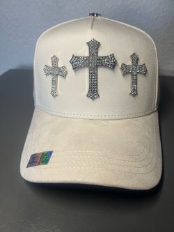 Cream Snapback Cap with Rhinestone Cross Patches