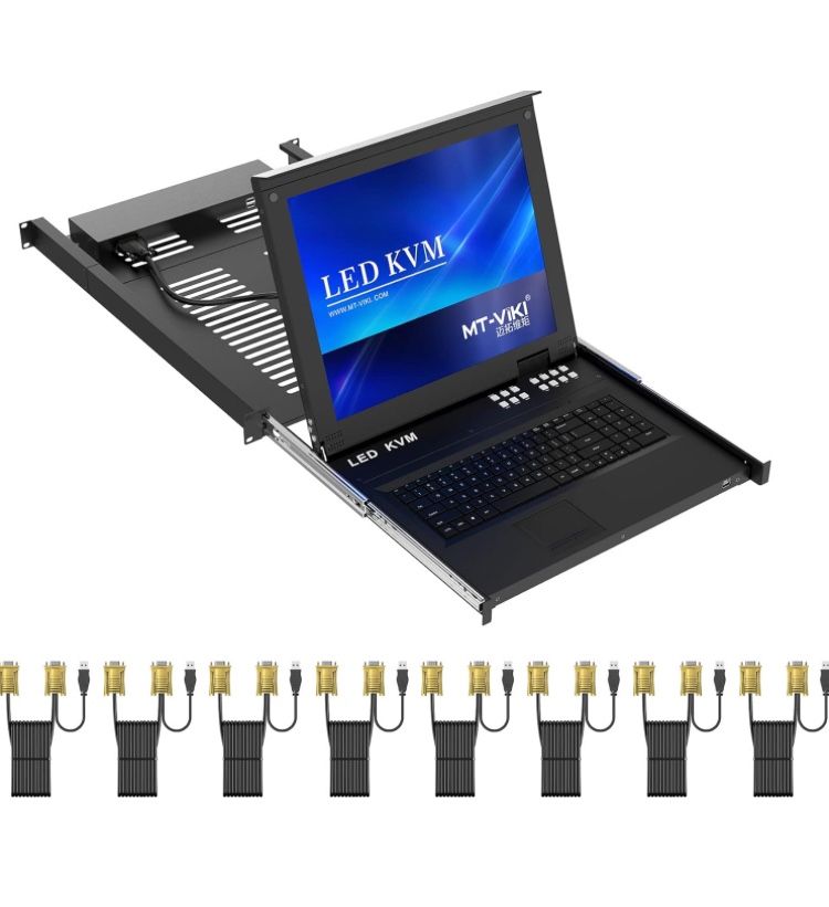 MT-VIKI 8 Port Rack KVM Switch VGA w/17'' LCD Monitor, LCD KVM Console Fit 1U 19'' Rack, Integrated with Keyboard+Touch pad+Drawer, Support OSD/Hotkey