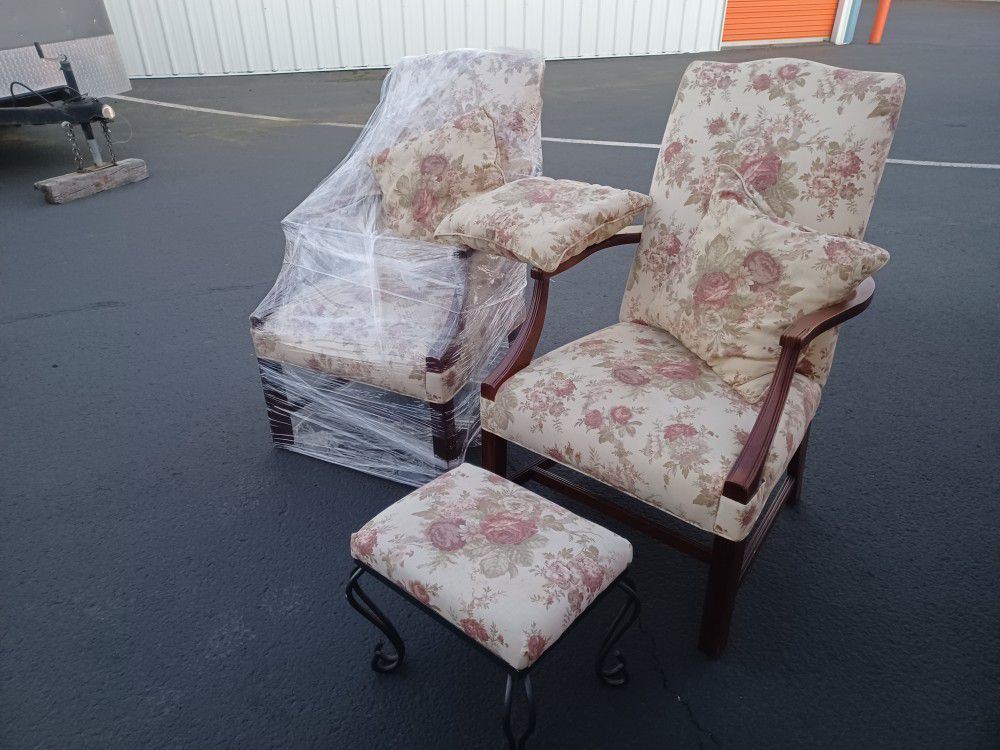 Two Beautiful Floral Antique Chairs With Foot Stool and Pillows 
