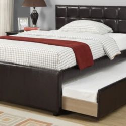 Brand New Espresso Leather Full Bed Frame w Twin Trundle Bed 
