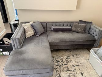 Gray Velvet Sectional Sofa with Chaise