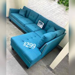 Azure linen fabric sectional sofa