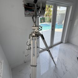 6 foot Modern Industrial Spotlight Floor Lamp with Adjustable White Wooden Tripod Stand & Chrome Finish | Vintage Interiors Studio Searchlight Design 