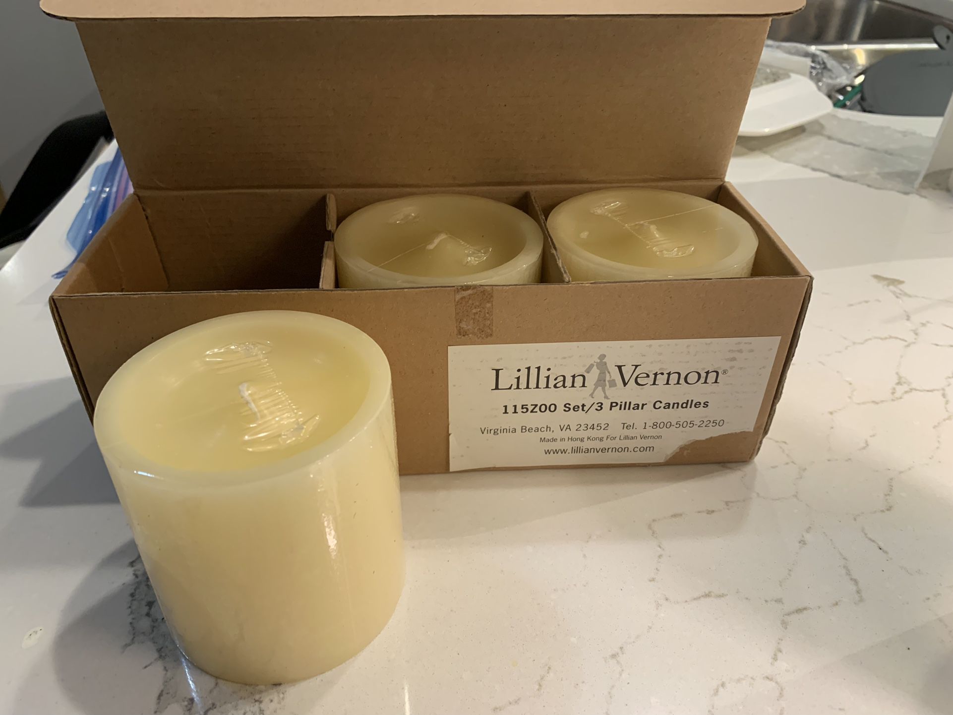 New In Box Set Of 3 Lillian Vernon 3" x 3" Pillar Candles