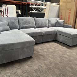 Gray Double Chaise Corduroy Sectional Sofa 