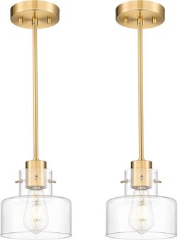 METWET 2 Pack Pendant Lights Brushed Gold Glass Shade Kitchen Island Lighting