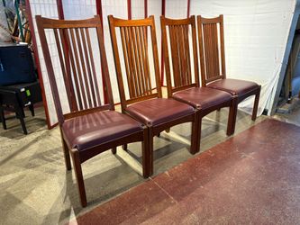 BENTWOOD FURNITURE Mission Style High Back Dining Chairs with Wine Red Leather Seat (Set of 4)