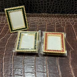 Set of 3 Miniature Enamel-Look Picture Frames • Green, Red & Gold