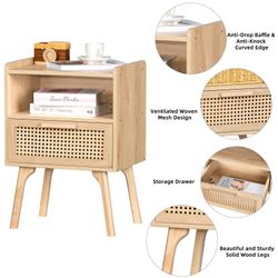 Rattan Nightstand, Boho Side Table with Drawer Open Shelf, Cane Accent Bedside End Table with Solid Wood Legs for Bedroom, Dorm and Small Spaces (Natu