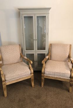 Pair of antique chairs and Ethan Allen cabinet.