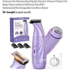 Sensitive Skin Painless 2-in-1 Bikini Trimmer for Women,Dual Heads Electric Shaver & Razor for Body Pubic Underarm&Facial Hair,IPX7 Waterproof,Recharg