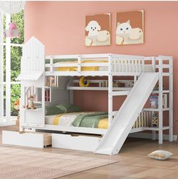 White  Full-Over-Full Castle Bunk Bed Storage Stairs / Outside & Inner Shelves / 2-Drawers & Slide  [NEW] **Retails for $900+ <Assembly Req> 