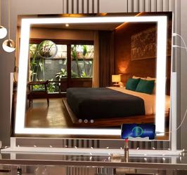 24.2 in. W x 18.9 in. H Square White Frame LED Makeup Mirror w/ 10x Magnification Vanity Mirror w/ Lights, 360° Rotation