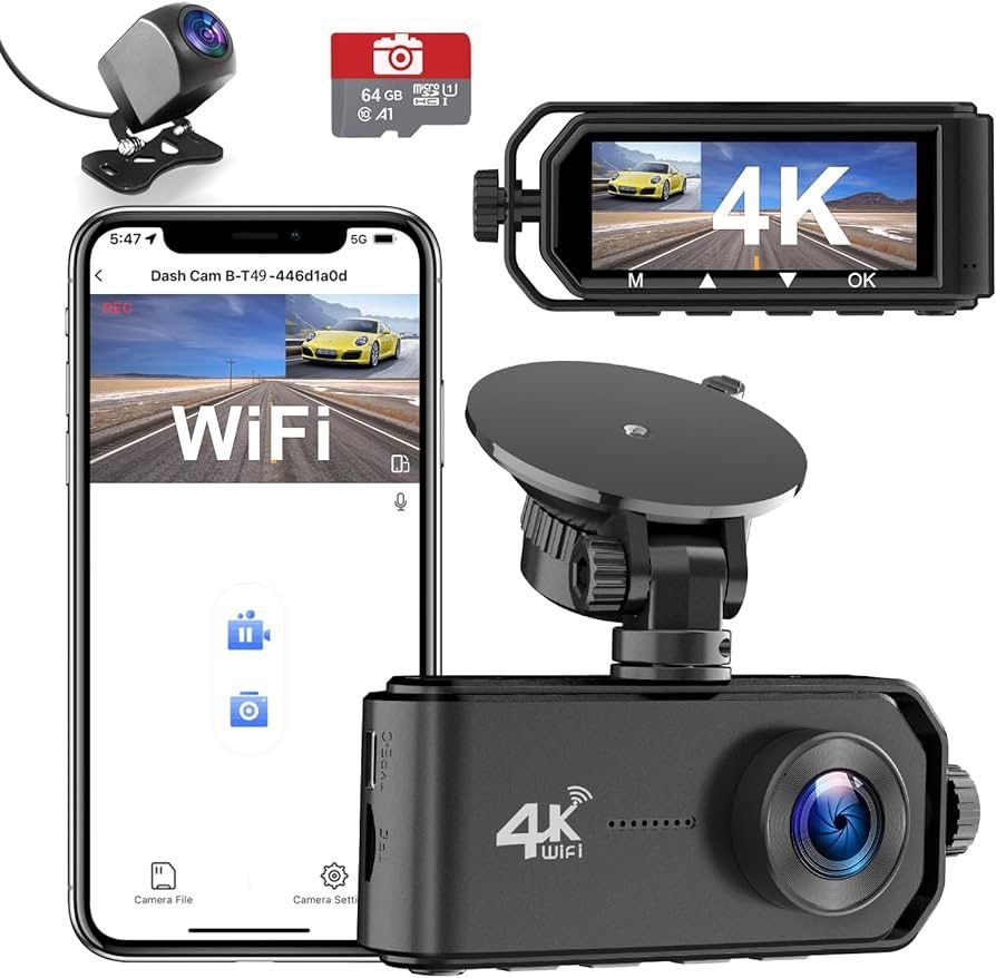 Otovoda 4K Dash Cam Front and Rear Camera, 4K+1080P Dual Dash Cam with WiFi, 3.12 Inch Screen Dash Camera for Cars, Dashboard Camera with Free 64GB SD