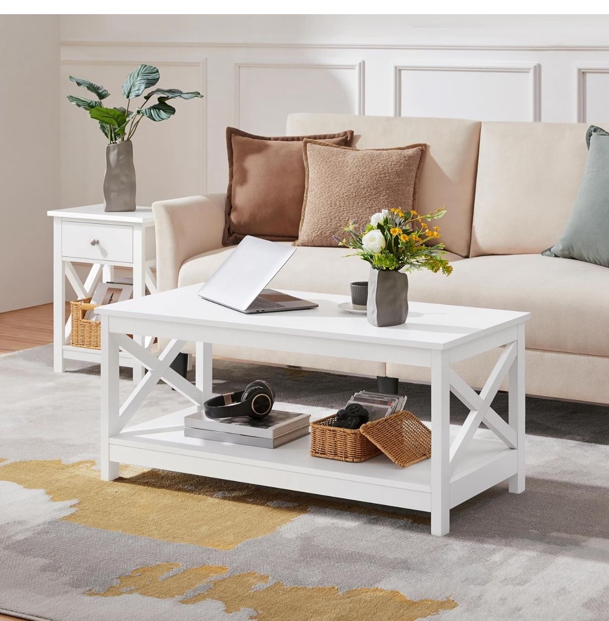 White Coffee Table with Storage Shelf