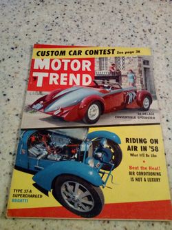 Vintage motor trend magazine July 1957/ custom car contest/38 delage convertible speedster/ riding on air in 58/ type 37- a supercharged bugatti