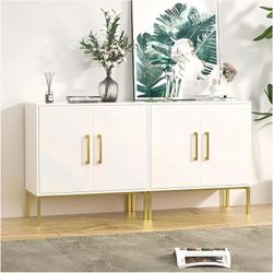 Storage Cabinet with Doors, Set of 2, Modern Buffet Cabinet with Storage, Kitchen Sideboard Buffet, White Wood Accent Cabinet for Living Room, Bedroom
