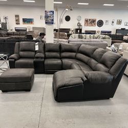Nantahala Gray Leather Reclining Sectional Couch With Chaise Living Room 