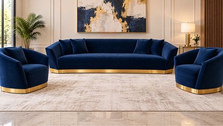 Luxury Modern 3-Piece Navy Blue Velvet Sofa Set with Gold Base –