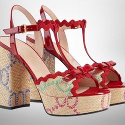 GUCCI Red Kertu Raffia-Jacquard Block-Heel Sandals - Size 38