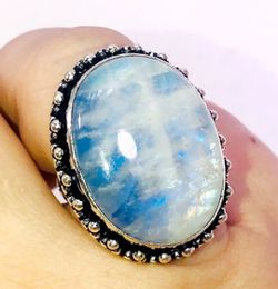 Beautiful Blue Rainbow Moonstone Large Oval Stone & .925 Stamped Stwrling Silver Ring Size 7 NEW!  Thumbnail