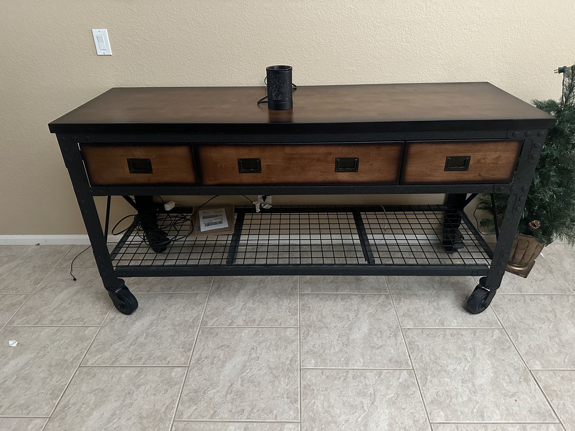 3 Drawer Rolling Industrial Workbench Cabinet Wood Top