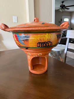 Set of Mexican Talavera Clay Pot with Warmer Stand