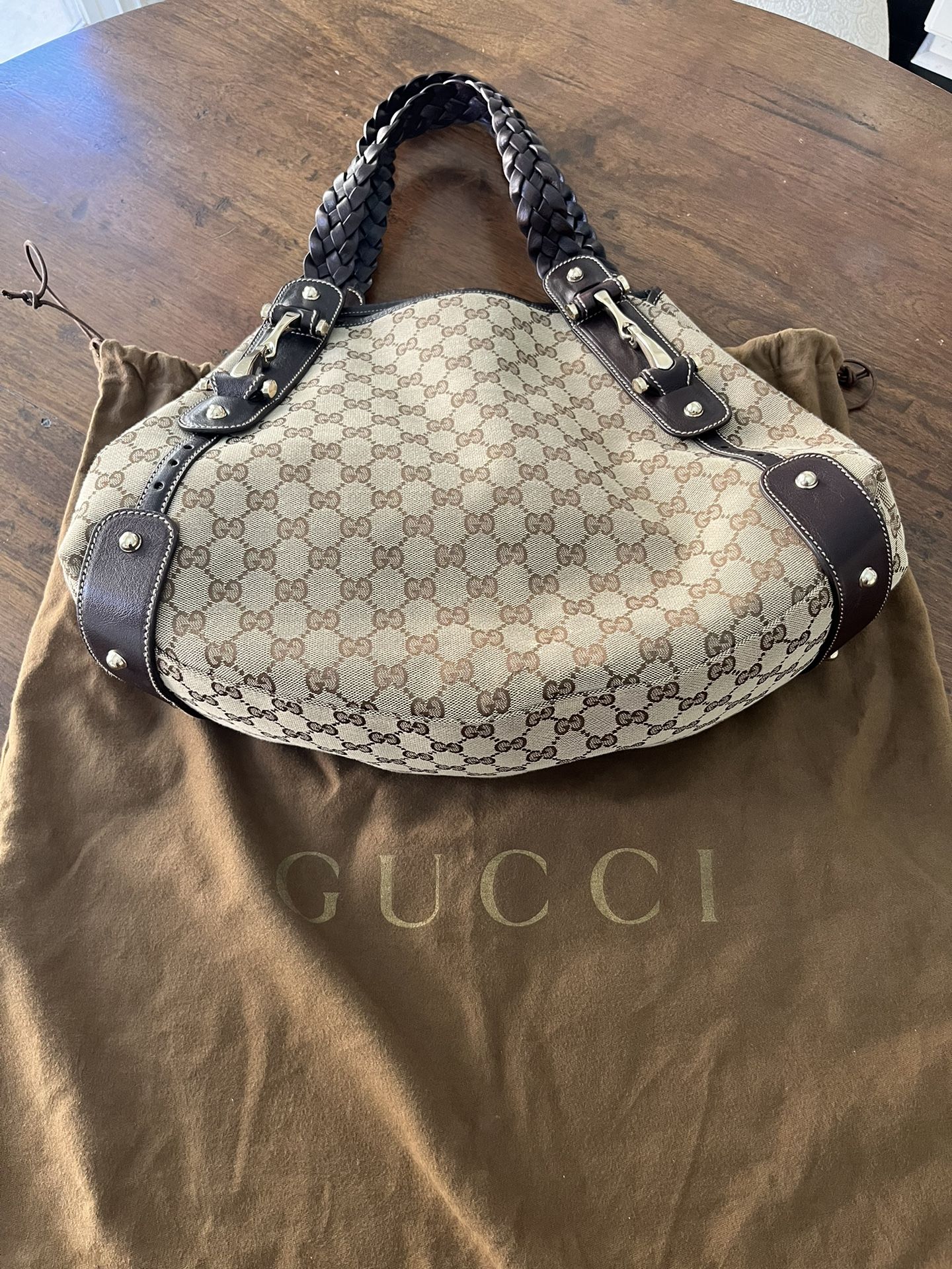 Authentic GUCCI Horse Bit GG Canvas Leather Tote Bag