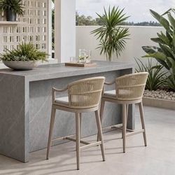 New Set of 2 Modern Boho Metal Counter Height Rattan Outdoor Bar Stool Chairs with Ergonomic Armrest