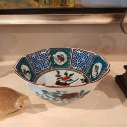 Classic Porcelain Floral and Sankofa Bird Motif Asian Bowl